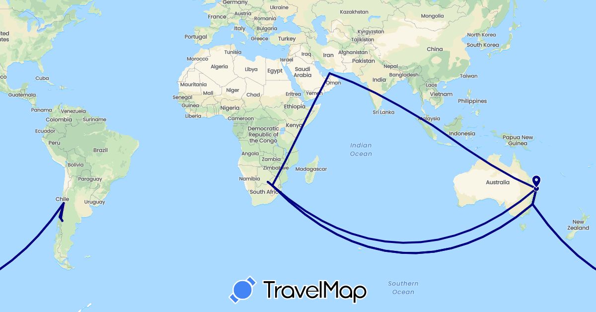 TravelMap itinerary: driving in United Arab Emirates, Argentina, Australia, Botswana, Chile, Singapore, South Africa (Africa, Asia, Oceania, South America)